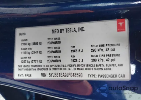 2018 Tesla Model 3 Long Range/Mid Range from USA, damaged, VIN 5YJ3E1EA9JF048590
